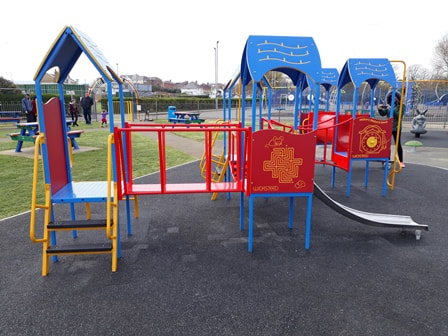Blue and red playground at Sandham Gardens