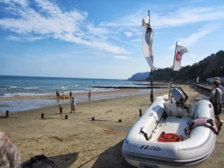 Rigid inflatable boat at Dunroamin beach in Lake