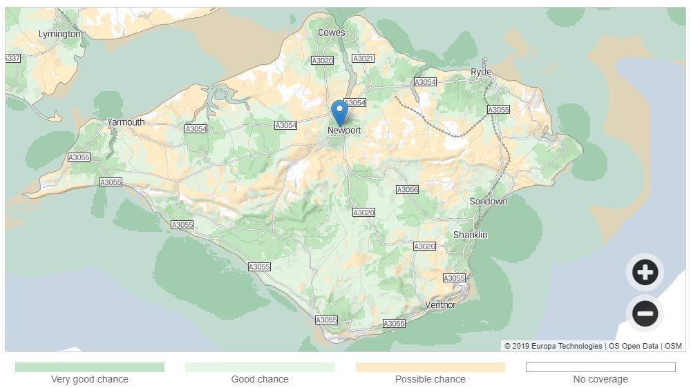 Map showing 4G coverage on O2 on the Isle of Wight