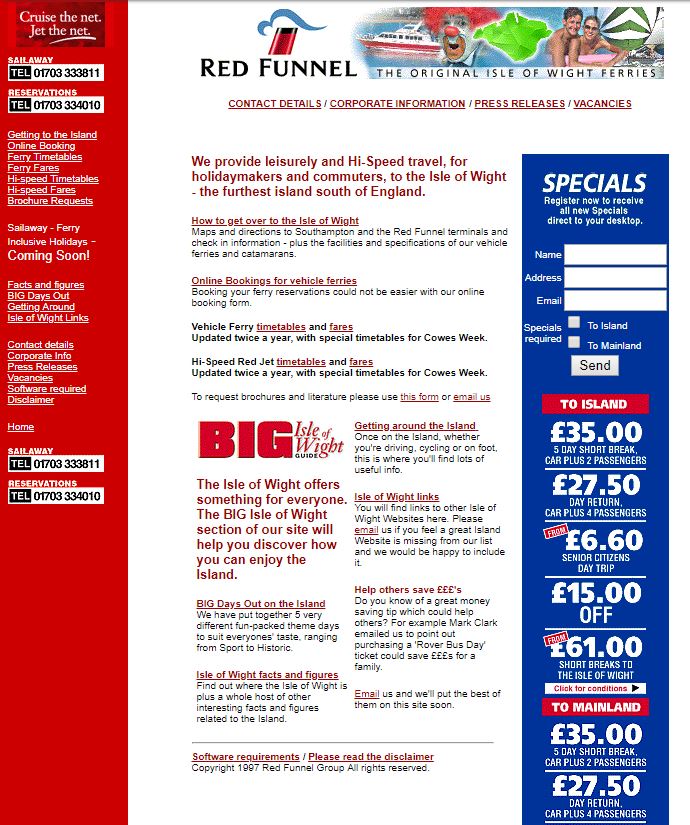 Red Funnel homepage from 1998