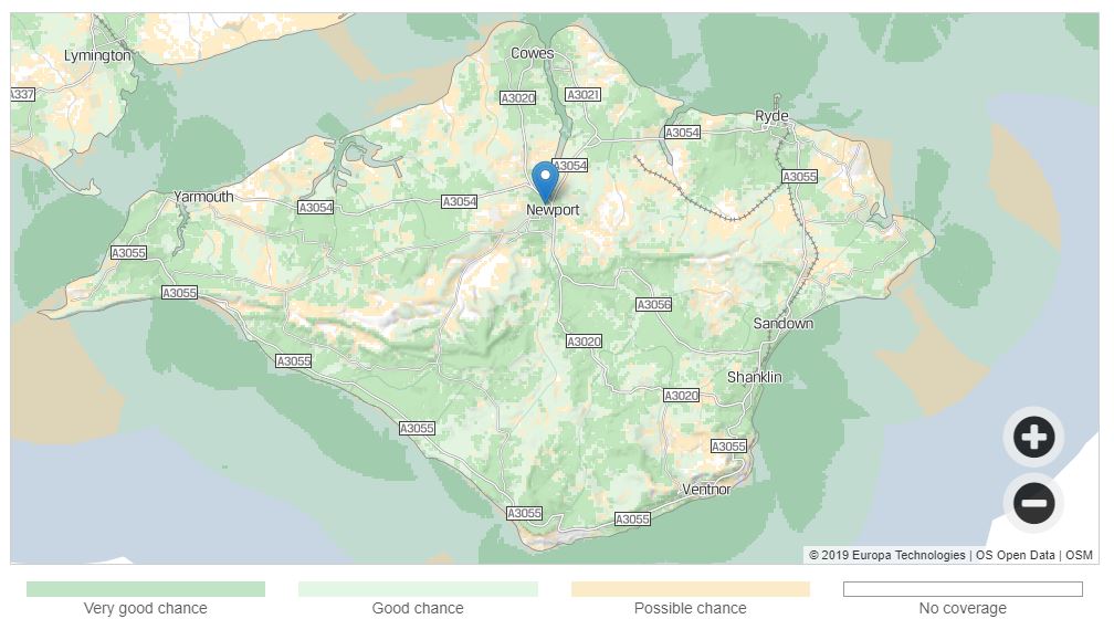 Map showing 4G vodafone coverage on the Isle of Wight