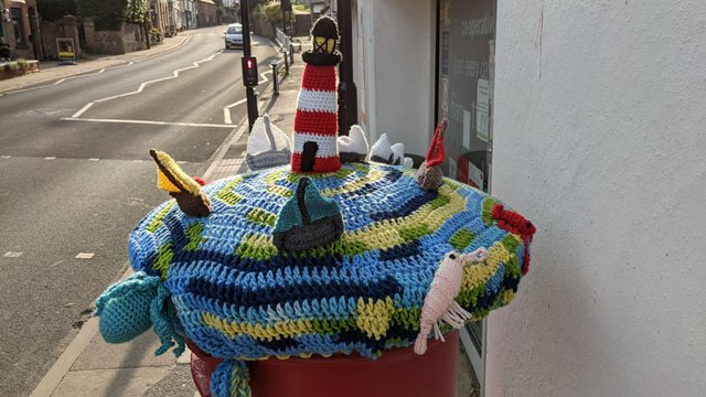 High street view of the yarn bomb on the isle of wight